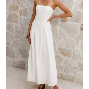 White Linen Style Strapless Maxi Dress